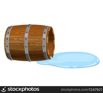 Open barrel lying on the ground, empty with spilled liquid. Open barrel lying on the ground, empty with spilled liquid, puddle, vector, isolated on white background, cartoon style
