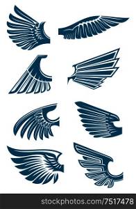 Open bird wings icons for heraldic symbol or tattoo design usage with medieval stylized blue silhouettes of eagle, hawk or falcon wings. Blue open wings symbols for tattoo design