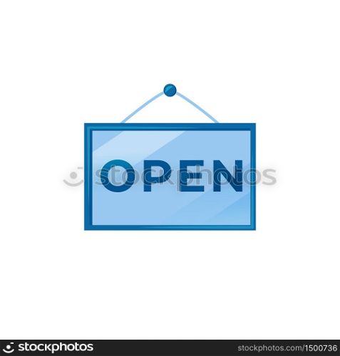 Open blue vector board sign illustration. Hanging store signboard design with typography. Opening time banner isolated object on white background. Message for customers. Advertising storefront sign. Open blue vector board sign illustration