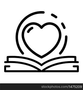 Open book and heart icon. Outline open book and heart vector icon for web design isolated on white background. Open book and heart icon, outline style