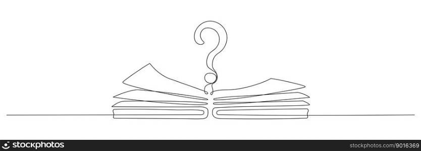 Open book and question mark one continuous line drawing. Vector illustration isolated on white.. Open book and question mark one continuous line drawing.