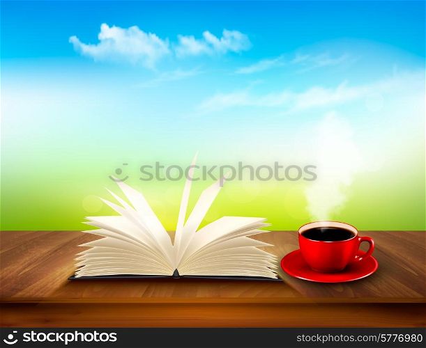 Open book and red cup on a wooden deck with green and blue backdrop. Vector.