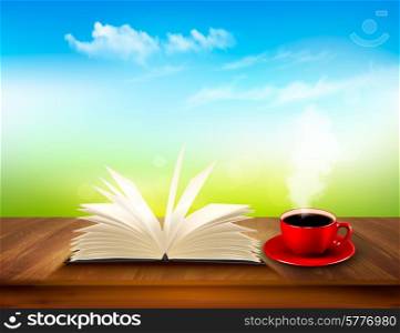 Open book and red cup on a wooden deck with green and blue backdrop. Vector.