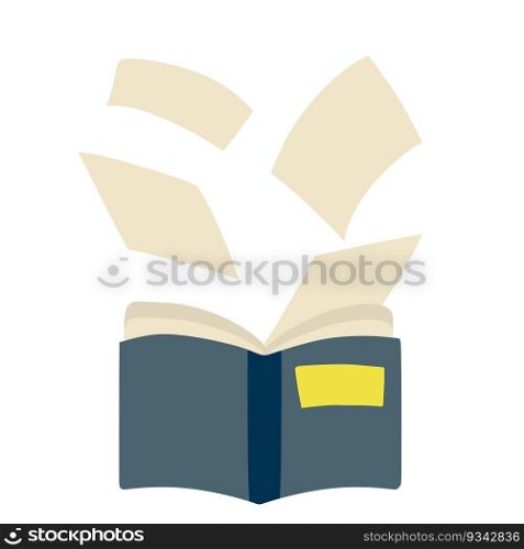 Open book. Blue cover. Flying paper pages. Education and reading. Hobbies and training.. Open book. Blue cover. Flying paper pages