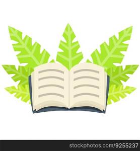 Open book. Blue cover. Reading and education. Storytelling and education. Green leaves of plant. Hobby icon. Cartoon flat illustration. Open book. Blue cover. Reading and education