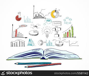 Open book business doodle concept with charts lightbulb idea symbol vector illustration