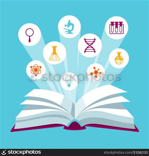 Open book concepr with education icons. Illustration for schools and educational institutions. Open book concepr with education icons. Illustration for schools and educational institutions.