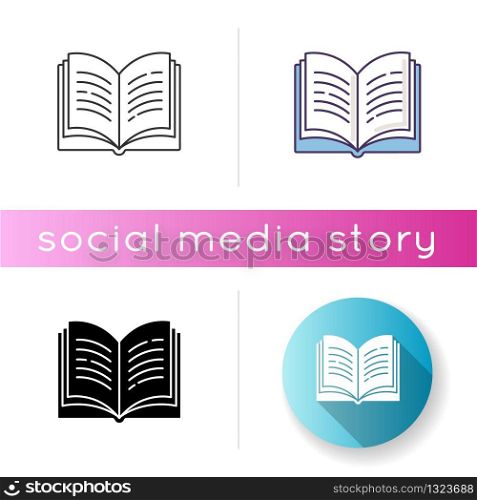 Open book icon. Dictionary page. Write university paper. Notebook and textbook. Student&rsquo;s diary. Self education. Library symbol. Linear black and RGB color styles. Isolated vector illustrations