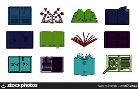 Open book icon set. Color outline set of open book vector icons for web design isolated on white background. Open book icon set, color outline style