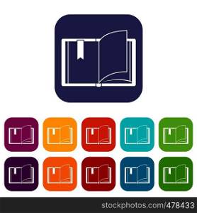 Open book icons set vector illustration in flat style in colors red, blue, green, and other. Open book icons set