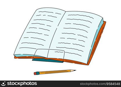 open book in a reading stand and a lying pencil flat vector illustration, education and studies art. open book in a reading stand and a lying pencil