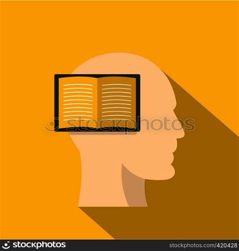 Open book inside a man head icon. Flat illustration of open book inside a man head vector icon for web isolated on yellow background. Open book inside a man head icon, flat style