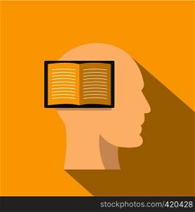 Open book inside a man head icon. Flat illustration of open book inside a man head vector icon for web isolated on yellow background. Open book inside a man head icon, flat style
