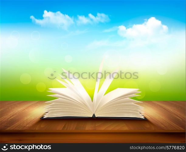 Open book on a wooden deck with green and blue backdrop. Vector.