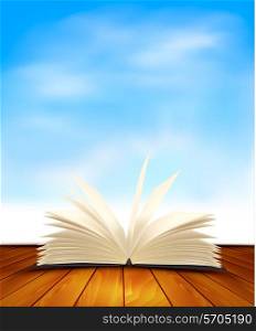 Open book on a wooden floor in front of a blue background. Vector