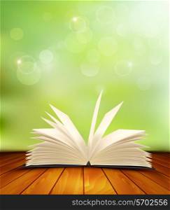 Open book on a wooden floor in front of a green background. Vector.