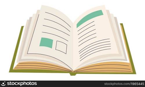 Open book or encyclopedia, textbook for students in school or university. Isolated publication with pictures and text. Personal journal or magazine, notebook copybook for notes. Vector in flat style. School book or encyclopedia with pictures vector