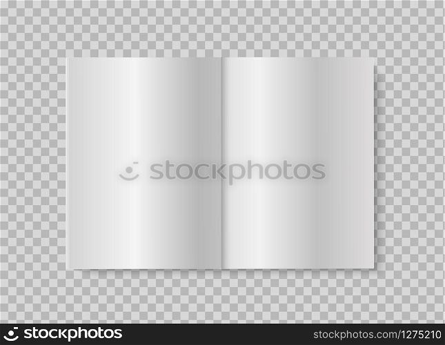 Open book or magazine. Realistic mock up blank white pages on transparent background. Vector illustration of spread opened brochure or booklet design. Open book or magazine. Realistic mock up blank pages on transparent background. Vector illustration of spread brochure or booklet