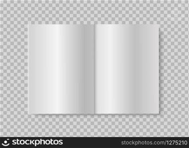 Open book or magazine. Realistic mock up blank white pages on transparent background. Vector illustration of spread opened brochure or booklet design. Open book or magazine. Realistic mock up blank pages on transparent background. Vector illustration of spread brochure or booklet