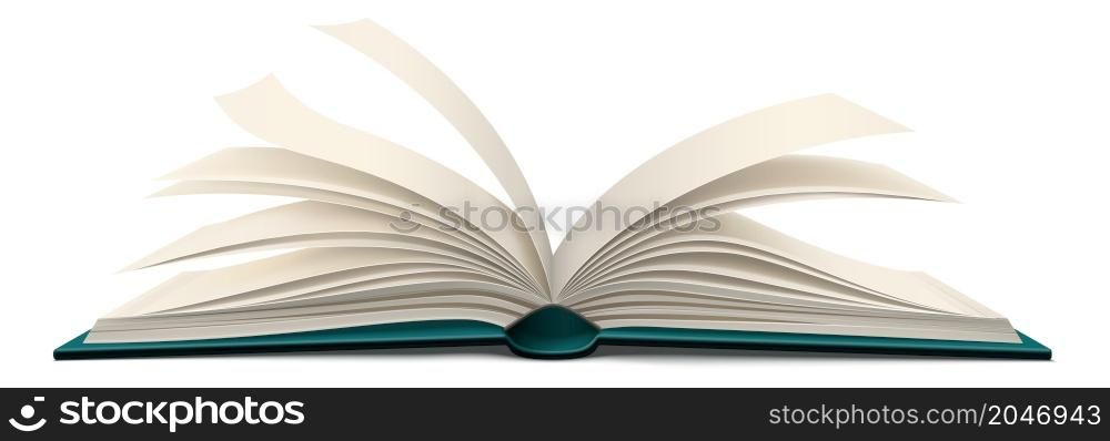 Open book side view mockup. Realistic flipping pages isolated on white background. Open book side view mockup. Realistic flipping pages