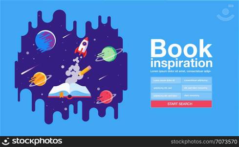 open book; space background; school; reading and learning; Imagination and inspiration picture. Fantasy and creative; Vector flat illustration.