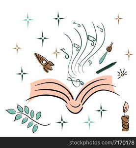 Open book. The concept of reading, fantasy, education. Space, music, nature, art, comfort. Vector sketch drawing, limited palette.. Open book. The concept of reading, fantasy. Space, music, nature, comfort