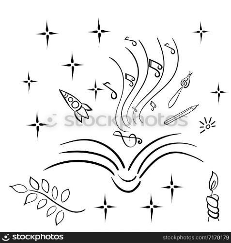 Open book. The concept of reading, fantasy, education. Space, music, nature, art, comfort. Vector Black and white linear illustration. Isolated on white. Open book. The concept of reading, fantasy. Space, music, nature, comfort