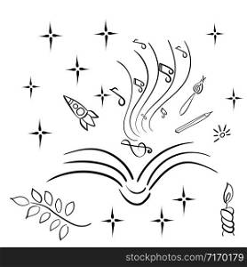 Open book. The concept of reading, fantasy, education. Space, music, nature, art, comfort. Vector Black and white linear illustration. Isolated on white. Open book. The concept of reading, fantasy. Space, music, nature, comfort