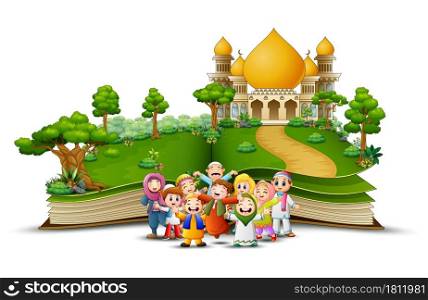 open book with a group of muslim people in the front islamic mosque