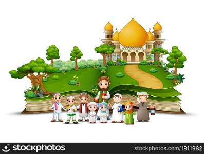 open book with a group of muslim people in the front islamic mosque