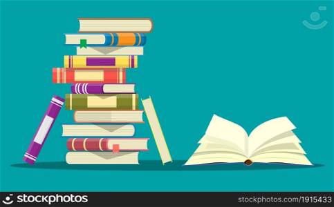 Open book with an upside down pages and pile of books. Reading, education, e-book, literature, encyclopedia. Vector illustration in flat style. Open book with an upside down pages