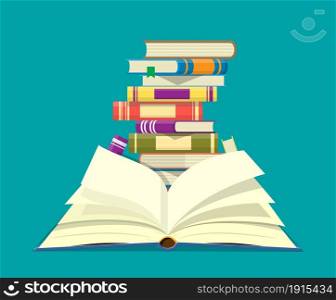 Open book with an upside down pages and pile of books. Reading, education, e-book, literature, encyclopedia. Vector illustration in flat style. Open book with an upside down pages