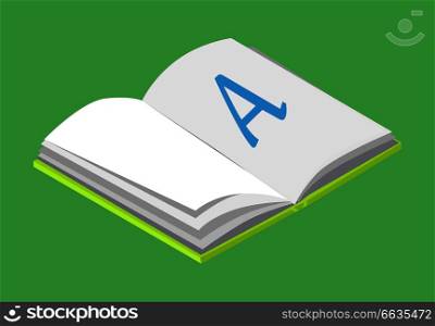 Open book with blank paper and letter A vector illustration isolated on green. Textbooks on grammar, for elementary education lessons. Open Book with Blank Paper and Letter A Vector