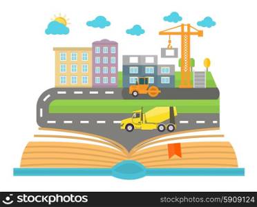 Open book with city on a white background. Concept in flat design. Car goes on the road in the city. Open book with city