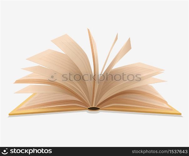 Open book with flipping pages. Concept for diary, textbook, notebook. Illustration of enceclopedic knowledge, literary education, study, research information.. Open book with flipping pages. Concept for diary, textbook, noteboo