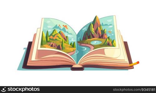 Open book with forest and mountains, flat cartoon isolated on white background. Vector illustration