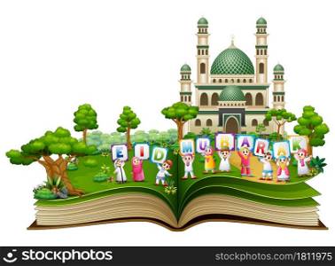 Open book with happy islamic kids and colorful text Eid Mubarak in front of a mosque