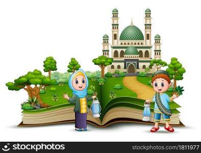 Open book with Happy Muslim Family in front of a mosque