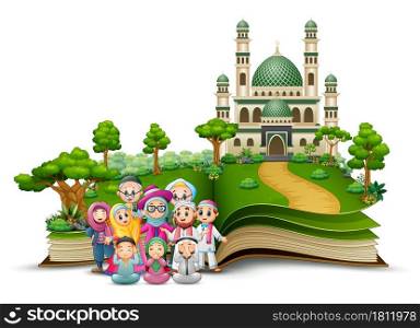 Open book with Happy Muslim Family in front of a mosque