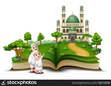 Open book with Happy Muslim Kids cartoon in front of a mosque