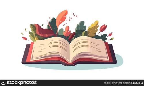 Open book with leaves,  flat cartoon isolated on white background. Vector illustration 