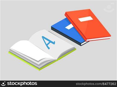 Open Book with Letter A Vector and Textbooks. Open book with blank paper and letter A, textbooks with place for text vector illustrations isolated. Copybooks on grammar for elementary education lessons