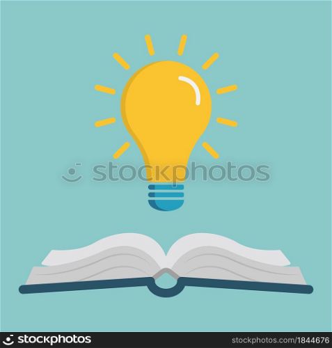 Open book with light bulb icon. Book with bright lamp in flat style. Idea, knowledge, study concept. Vector illustration.. Open book with light bulb icon. Book with bright lamp in flat style.