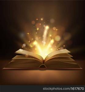 Open book with magic lights realistic vector design. Fantasy or fairy tale book, Bible or wizard spellbook with bright glowing pages, shining sparkles and bokeh, education, Christmas, Halloween themes. Open book with magic lights, realistic vector