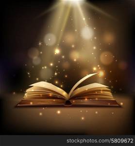 Open book with mystic bright light on background magic poster vector illustration. Magic Book Background