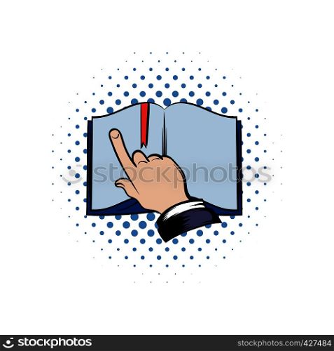Open book with showing finger comics icon. Learning process symbol isolated on a white . Open book with finger icon
