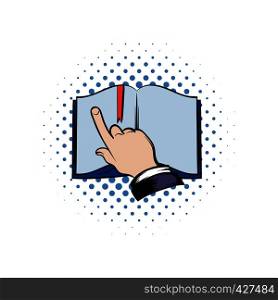 Open book with showing finger comics icon. Learning process symbol isolated on a white . Open book with finger icon