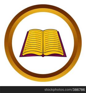 Open book with text vector icon in golden circle, cartoon style isolated on white background. Open book with text vector icon