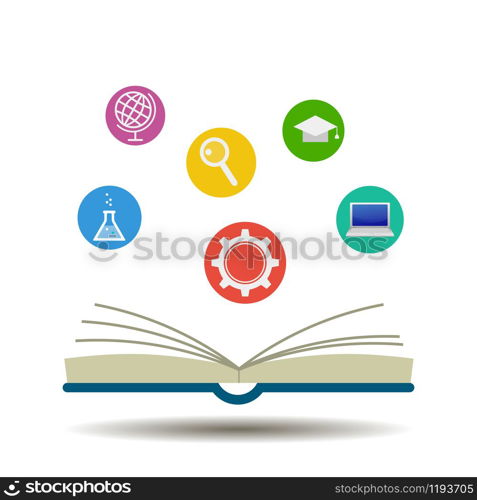 Open books and icons of science vector. Open books and icons of science