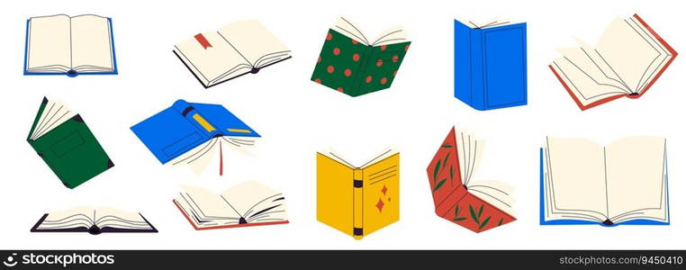 Open books set. Doodle colorful book covers with hand drawn letters, study literature concept for college education. Vector flat set of education book, cover textbook illustration. Open books set. Doodle colorful book covers with hand drawn letters, study literature concept for college education. Vector flat set